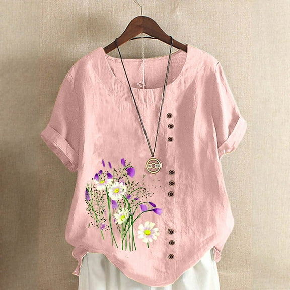 Pincandy Oversized Floral Cotton Linen Shirts for Women Summer Short Sleeve Casual Basic Tee Tops Loose Fit Shirts,Pink,XXXL