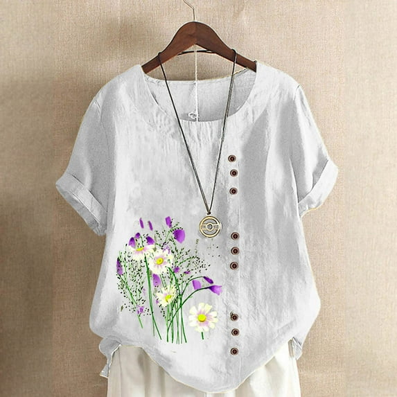 Pincandy Oversized Floral Cotton Linen Shirts for Women Summer Short Sleeve Casual Basic Tee Tops Loose Fit Shirts,White,XXXXL