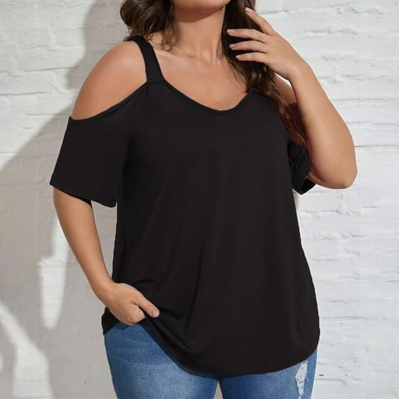 Pincandy Plus Size Cold Shoulder Tops for Women Loose Fit V Neck Blouses Casual Solid Short Sleeve Pullover T Shirts