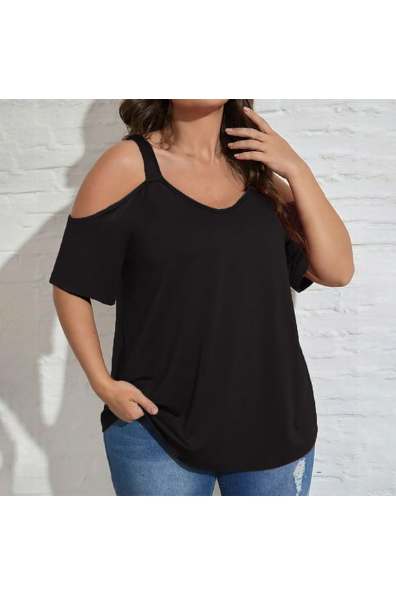 Plus Size Cold Shoulder Tops for Women Loose Fit V Neck Blouses Casual Solid Short Sleeve Pullover T Shirts