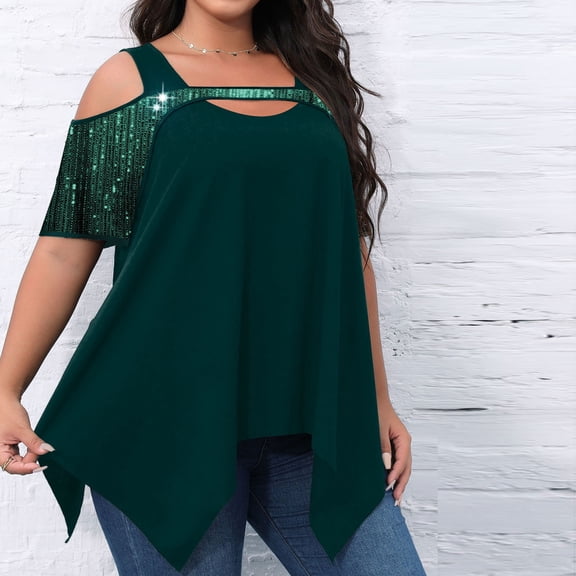 Pincandy Plus Size Tops for Women Cold Shoulder Tops Summer Short Sleeve Sequins Tops Casual Elegant Asymmetrical Blouse