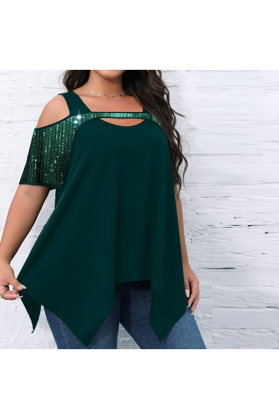 Plus Size Tops for Women Cold Shoulder Tops Summer Short Sleeve Sequins Tops Casual Elegant Asymmetrical Blouse
