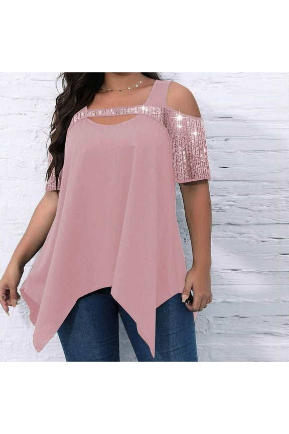 Plus Size Tops for Women Cold Shoulder Tops Summer Short Sleeve Sequins Tops Casual Elegant Asymmetrical Blouse