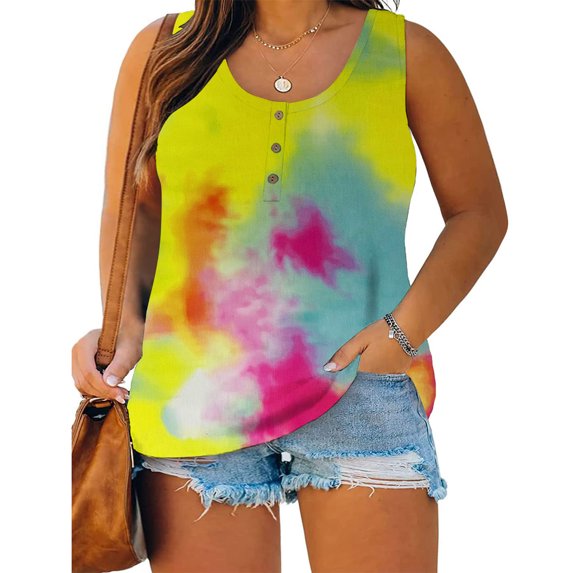 Pincandy Plus Size Tunic Tops for Women Sexy Round-Neck Blouse Printing Lace Casual Loose Summer Sleeveless Tank,Yellow,5XL