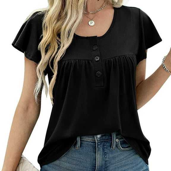 Pincandy Plus Size Wome Fold Sleeve Printed Round-Neck Tunic Tops Loose Fit Short Sleeve Shirts Crew Neck Summer Casual Tops,Black,S