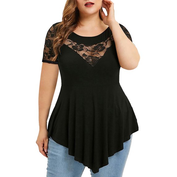 Pincandy Plus Size Women Solid Floral Lace Round Neck Asymmetric Three Quarter Tops Blouse Graphic Tees Shirts Short Sleeve Casual Basic Tops,Black,M