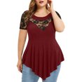 thumbnail image 1 of Pincandy Plus Size Women Solid Floral Lace Round Neck Asymmetric Three Quarter Tops Blouse Graphic Tees Shirts Short Sleeve Casual Basic Tops,Red,M, 1 of 7