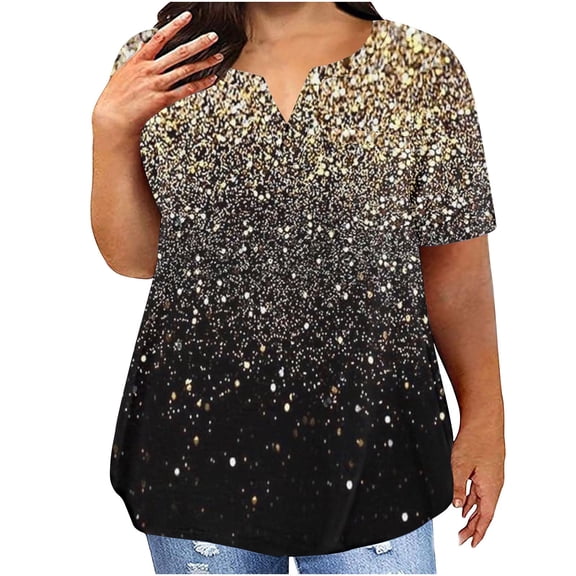 Pincandy Plus Size for Women-Neck Blouse Casual Loose Summer V Neck Button Down Short Sleeve Casual Blouses Fashion Print Loose Fit Shirts,Gold,L