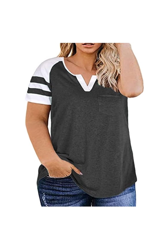 PlusSize Womens Tops V Neck Color Block Tee Side Split Striped Tunics,Dark Gray,2XL