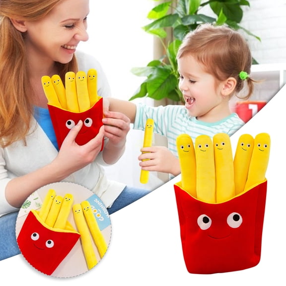 Pincandy Plush French Fries Toy Set - 5-Piece Stuffed Potato Fries with Smiling Faces & Cute Red Bag, Soft Fabric Decorative Cushion for Fun and Home Decor