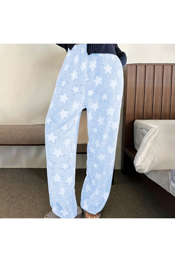 Plush Pajama Pants Women Fluffy Fleece Lounge Pants Fuzzy Warm Pj Bottoms Star Graphic Flannel Loungewear Pant