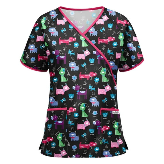 Pincandy Scrub Tops for Women Stretchy Vneck Short Sleeve Cute Floral Animal Printed Holiday Nursing Pocketed Working Uniforms