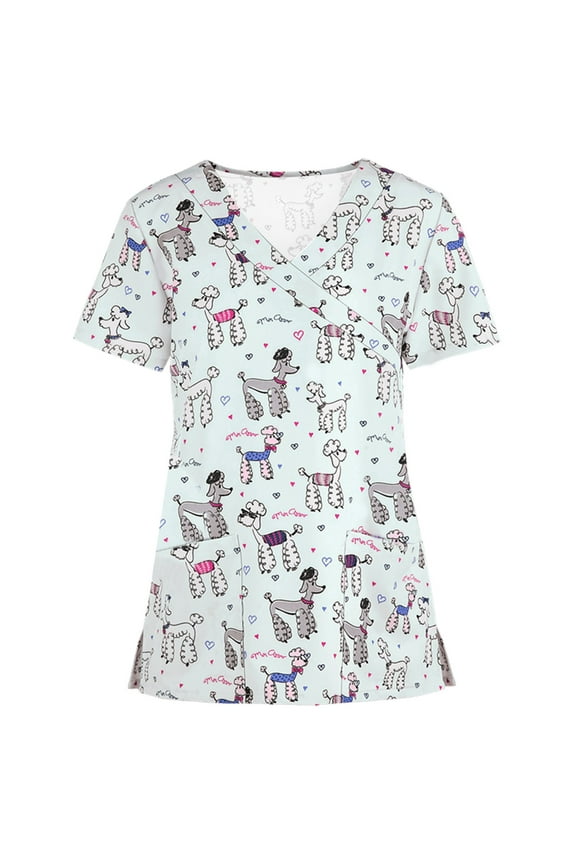 Scrub Tops for Women Stretchy Vneck Short Sleeve Cute Floral Animal Printed Holiday Nursing Pocketed Working Uniforms