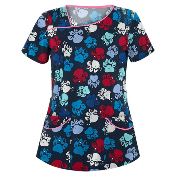 Pincandy Scrub Tops for Women Stretchy Vneck Short Sleeve Cute Floral Animal Printed Holiday Nursing Pocketed Working Uniforms