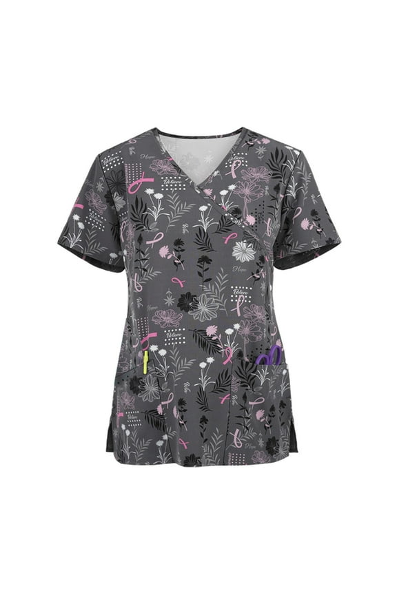 Scrub Tops for Women Stretchy Vneck Short Sleeve Cute Floral Animal Printed Holiday Nursing Pocketed Working Uniforms