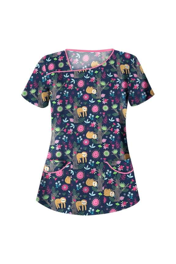 Scrub Tops for Women Stretchy Vneck Short Sleeve Cute Floral Animal Printed Holiday Nursing Pocketed Working Uniforms