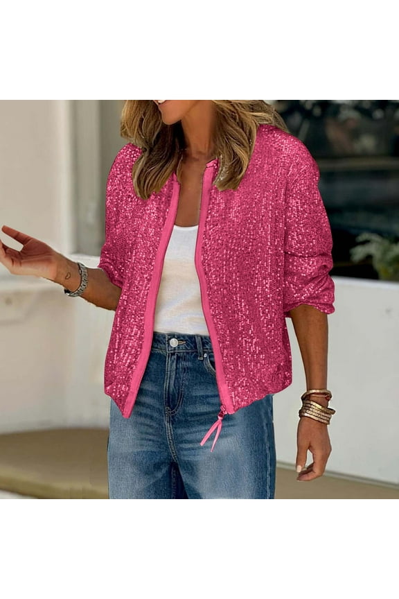 Sequin Jackets for Women Sparkly Bomber Jacket Zip Up Cardigans for Women Trendy Concert Tops for Women