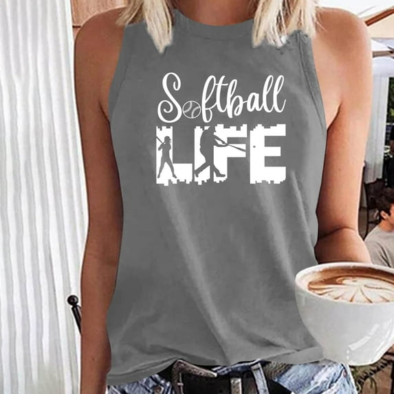 Pincandy Softball Life Tank Tops for Women Softball Mom T-Shirt Game Day Softball Pattern Tees Casual Sleeveless Tunic Blouse