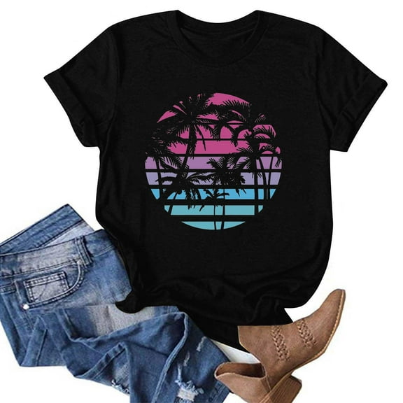 Pincandy Summer Beach Printed T-shirt with Round Neck and Short Sleeved Top Shirt Suga Jungkook Jimin V RM Jhope Jin Tshirt Tee Kpop Merch for Women,Black,2XL