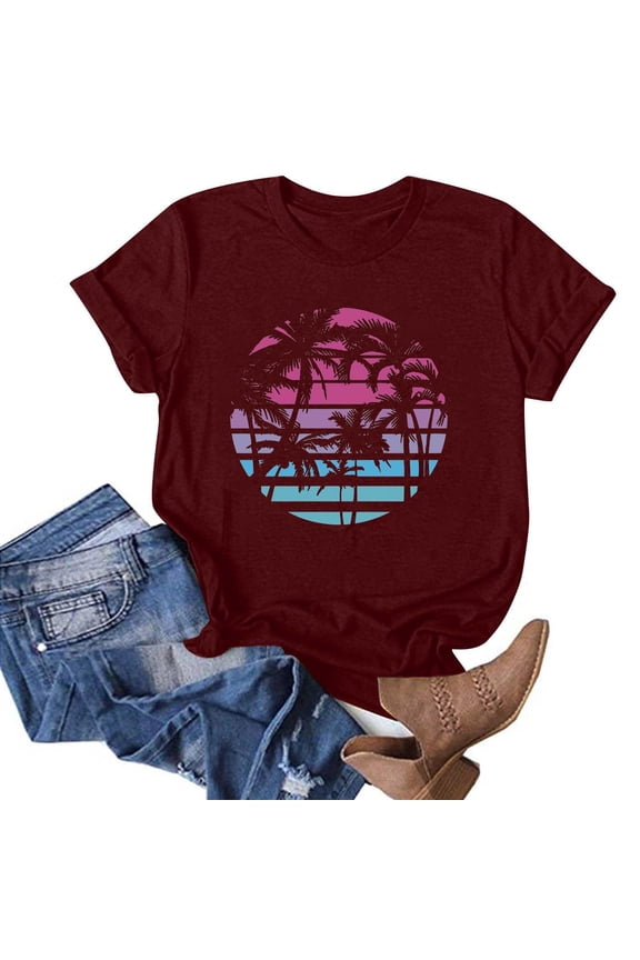 Summer Beach Printed T-shirt with Round Neck and Short Sleeved Top Shirt Suga Jungkook Jimin V RM Jhope Jin Tshirt Tee Kpop Merch for Women,Wine,3XL