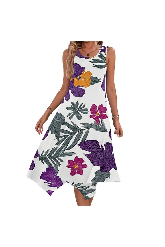 Summer Dresses for Women 2025 Casual Floral Printed Beach Dresses Loose Flow Midi Dress Sleeveless Tank Sun Dress