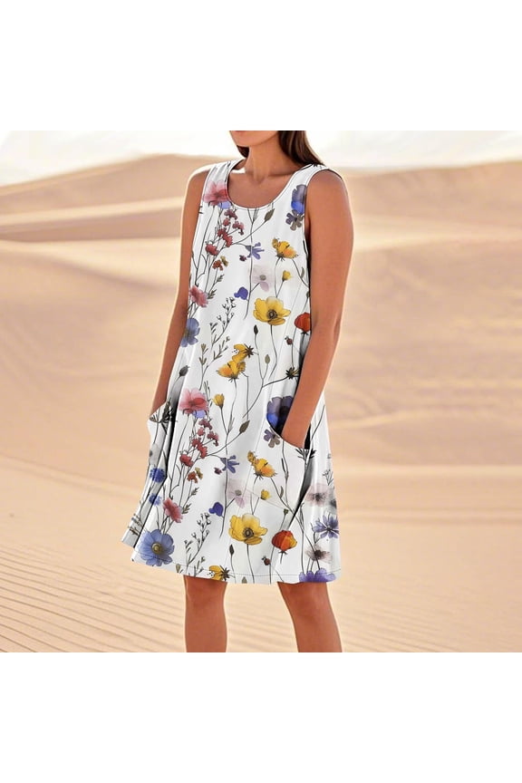 Summer Dresses for Women 2025 Casual Floral Printed Beach Dresses Loose Flow Midi Dress Sleeveless Tank Sun Dress