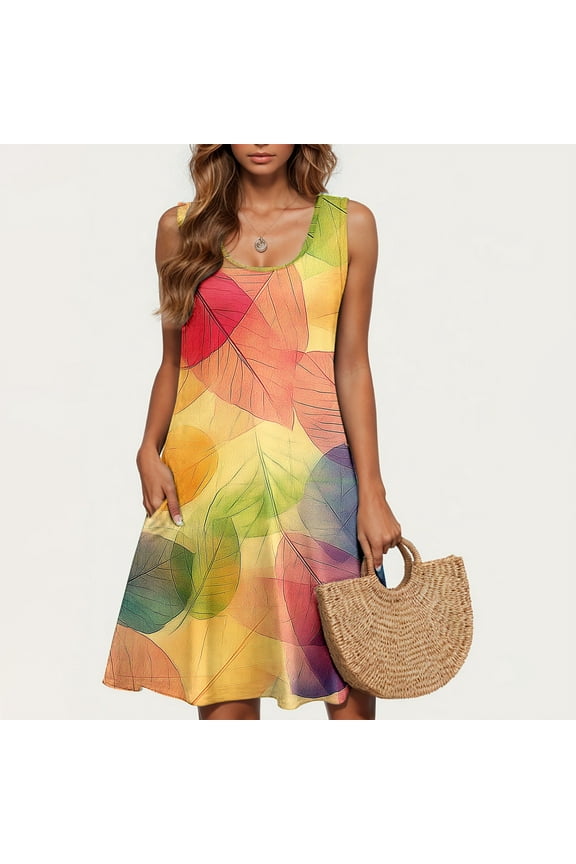 Summer Dresses for Women 2025 Casual Floral Printed Beach Dresses Loose Flow Midi Dress Sleeveless Tank Sun Dress
