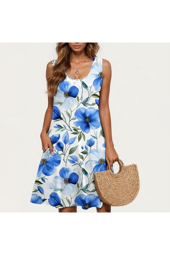 Summer Dresses for Women 2025 Casual Floral Printed Beach Dresses Loose Flow Midi Dress Sleeveless Tank Sun Dress