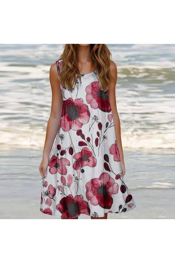 Summer Dresses for Women 2025 Casual Floral Printed Beach Dresses Loose Flow Midi Dress Sleeveless Tank Sun Dress