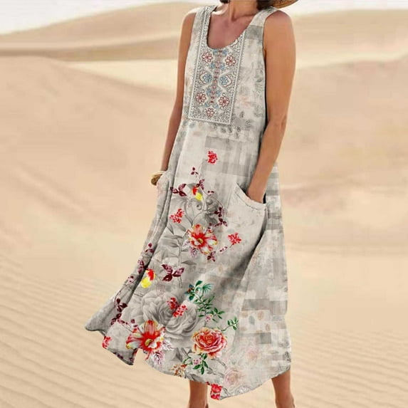 Pincandy Summer Dresses for Womens Cotton Linen Sleeveless Maxi Dresses Casual Sun Dress Comfy Summer Beach Outfits with Pocket