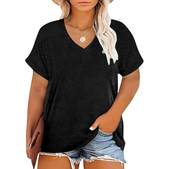 Pincandy Summer Oversized V Neck T-Shirt for Women Short Sleeve Solid Color Resistance Tops for Outdoor Hiking Bottom Casual Tees,Black,XXXL