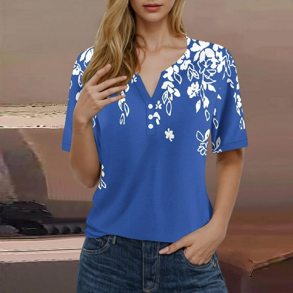 Pincandy Summer V Neck Gradient T-Shirt for Women Short Sleeve Print Tops for Outdoor Hiking Bottom Casual Tees,Blue,XL