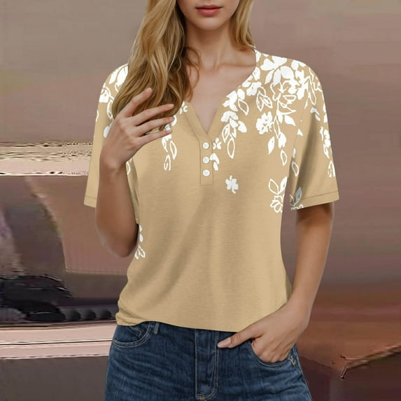 Pincandy Summer V Neck Gradient T-Shirt for Women Short Sleeve Print Tops for Outdoor Hiking Bottom Casual Tees,Khaki,XXXL