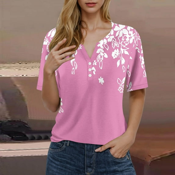 Pincandy Summer V Neck Gradient T-Shirt for Women Short Sleeve Print Tops for Outdoor Hiking Bottom Casual Tees,Pink,S