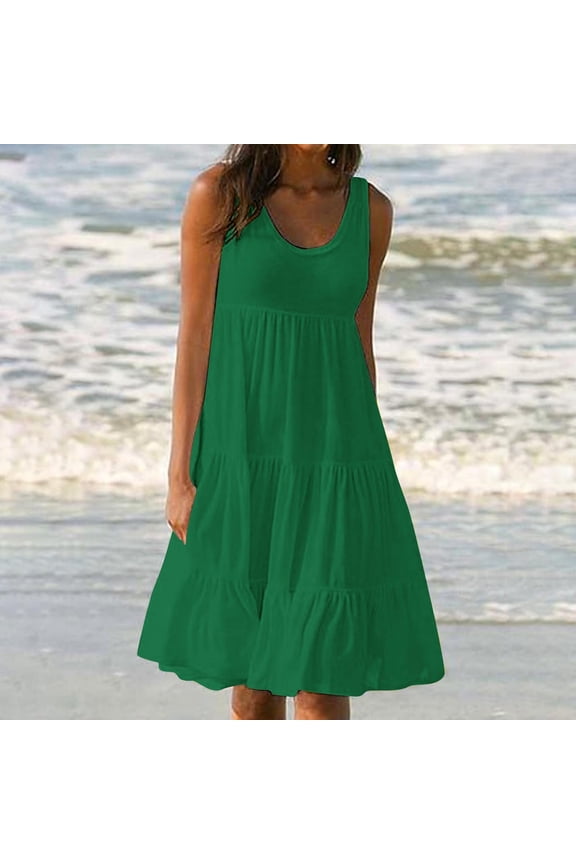 Sundresses for Women 2025 Sleeveless Cute Petite Mini Dress Tiered Summer Flowy Boho Sundress Beach Wear