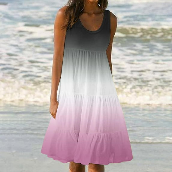 Pincandy Sundresses for Women 2025 Sleeveless Cute Petite Mini Dress Tiered Summer Flowy Boho Sundress Beach Wear