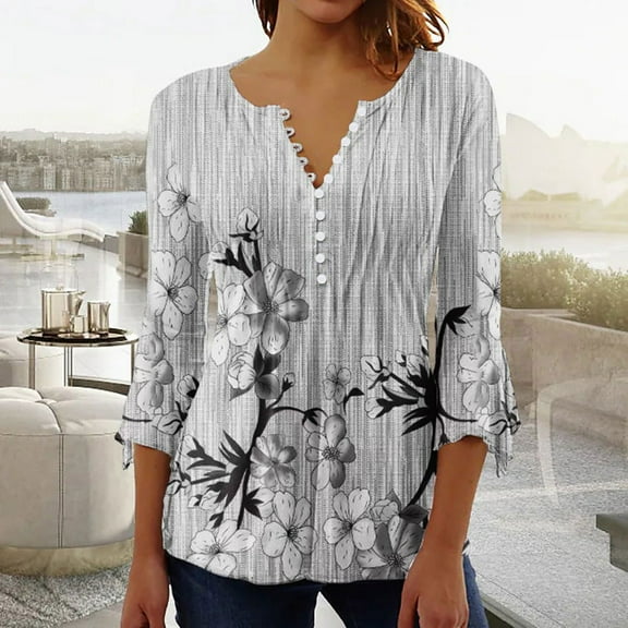 Pincandy Tops for Women 2025 3/4 Length Sleeve Womens Tops Linen Shirts Crewneck Tunic Loose Fit Plus Size Vacation Blouses