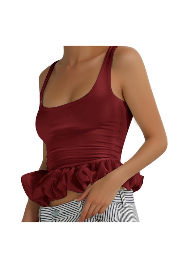 Tops for Women Sleeveless Ruffle Hem Backless Top Scoop Neck Summer Crop Tank Top Babydoll Blouses