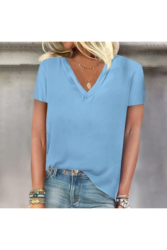 V Neck TShirt for Women Short Sleeve Base Layers Odor Resistance Tops for Outdoor Hiking,Sky Blue,XL