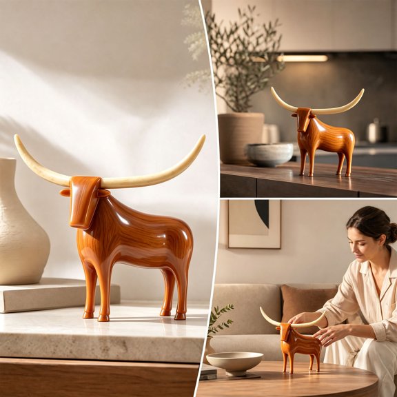 Pincandy Western Longhorn Bull Statue Vintage Resin Cattle Sculpture Rustic Folk Art Home Decor for Living Room Office