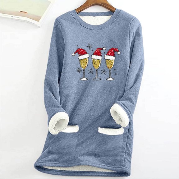 Pincandy Winter Christmas Fleece Lined Warm Shirts for Women Casual Solid Color Raglan Long Sleeve Crewneck Tunic Tees Casual Thermal Top