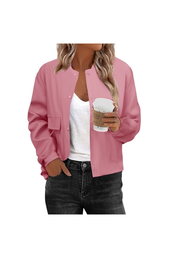Women Bomber Jacket Casual Button Down Varsity Jackets Shackets With Pockets Outwear