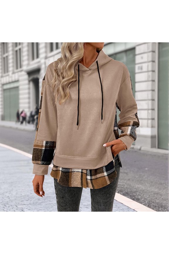 Women Casual Hoodie Plaid Patch Hooded Sweatshirts Casual Long Sleeve Pullover Loose Fit Tunic Winter Tops Shirts