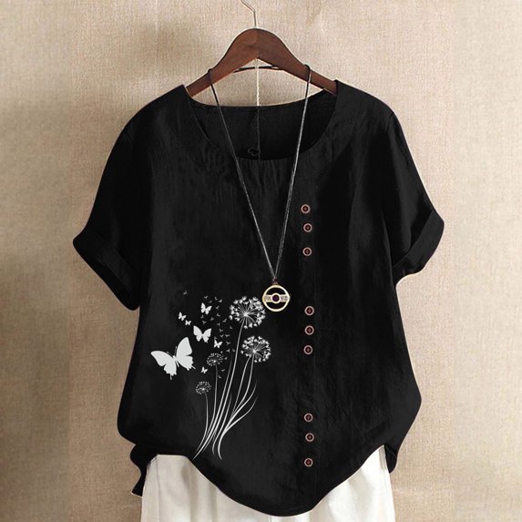 Pincandy Women Casual and Linen Round-Neck Top Printed Short Sleeve Button T-shirt Blouse,Black,XL
