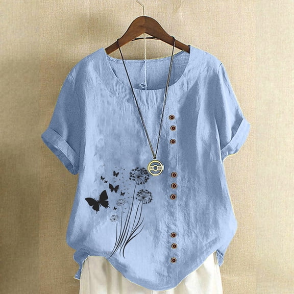 Pincandy Women Casual and Linen Round-Neck Top Printed Short Sleeve Button T-shirt Blouse,Light Blue,2XL
