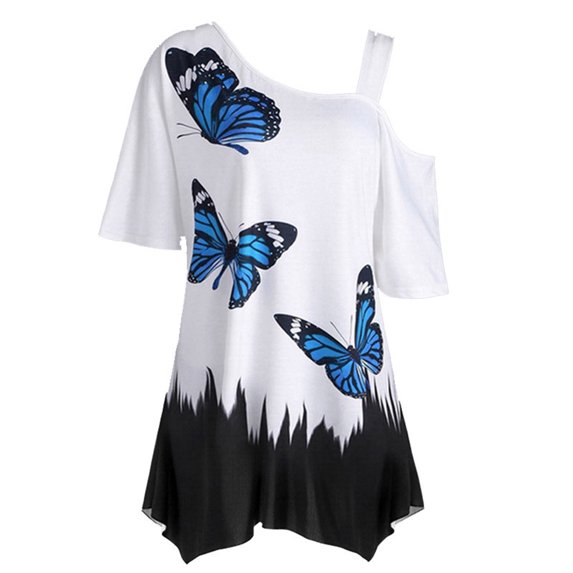 Pincandy Women Cold Shoulder Print Short Sleeve Plus-Size Shirt Blouse Tops Graphic Tees Shirts Short Sleeve Casual Basic Tops,Black,M