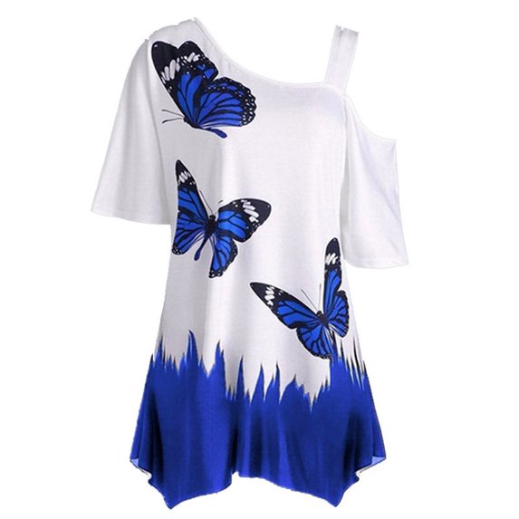 Pincandy Women Cold Shoulder Print Short Sleeve Plus-Size Shirt Blouse Tops Graphic Tees Shirts Short Sleeve Casual Basic Tops,Blue,4XL