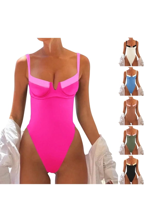 Women Color Block Cheeky One Piece Bikini Swimsuit Slim Fit Wireless Padded Bathing Suit for Summer Beach Pool Leisure Activities