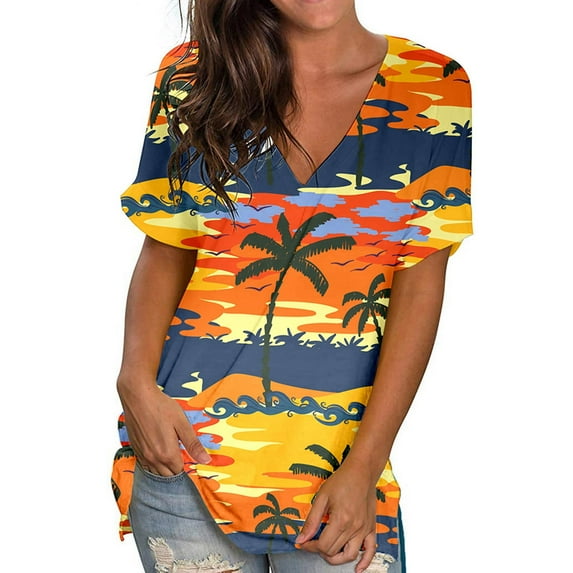 Pincandy Women Crewneck Print Tees Short Sleeve Hawaiian Shirts Floral Tropic Printed Pleated V Neck Summer Casual T-Shirt Trendy Boho Blouses Tops,Yellow,5XL