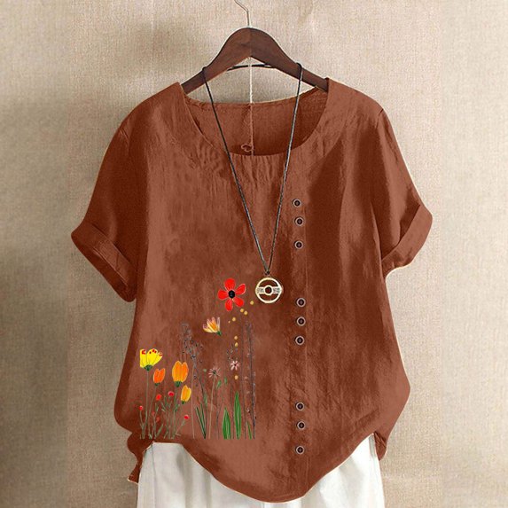 Pincandy Women Fashion Casual Linen Top Printed Short Sleeve Button T-shirt Blouse Top,Coffee,M